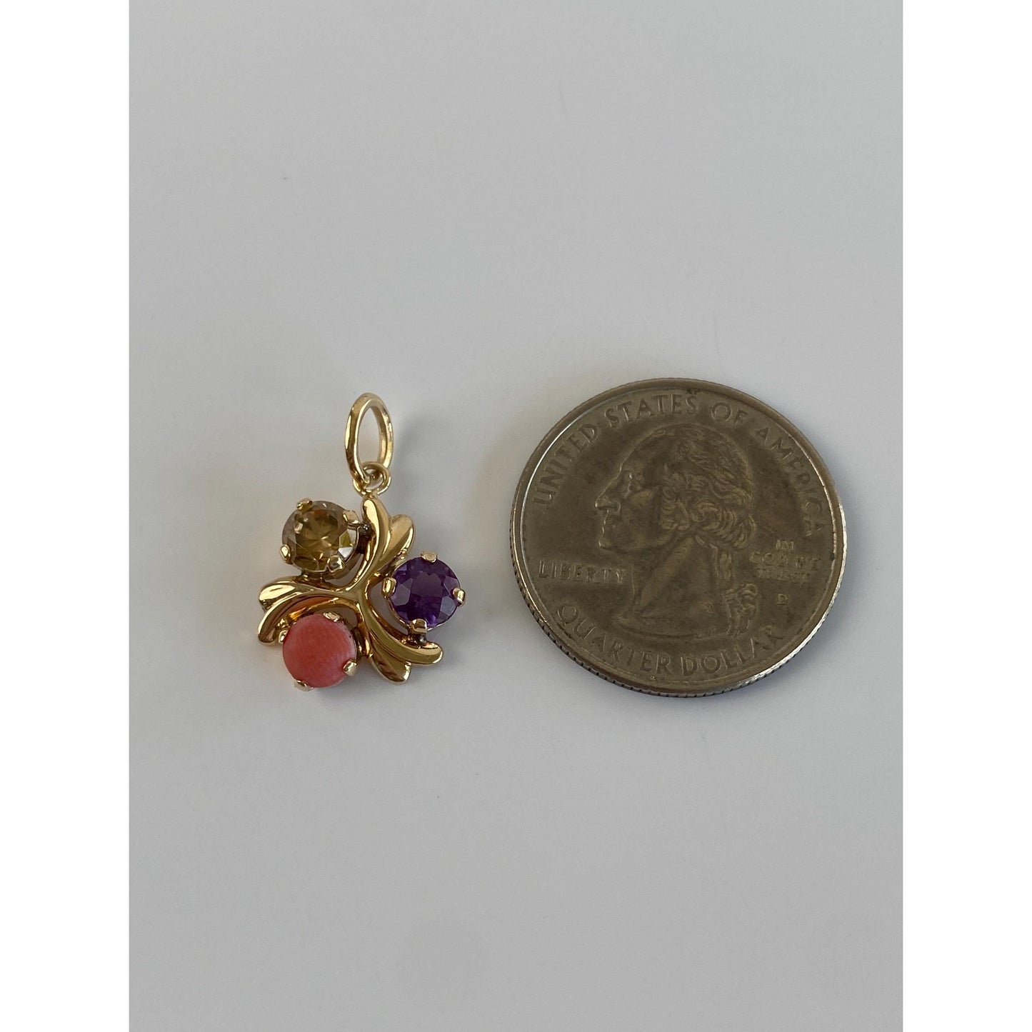 Vintage Solid 14k Yellow Gold Coral Amethyst Colored Spinel Charm