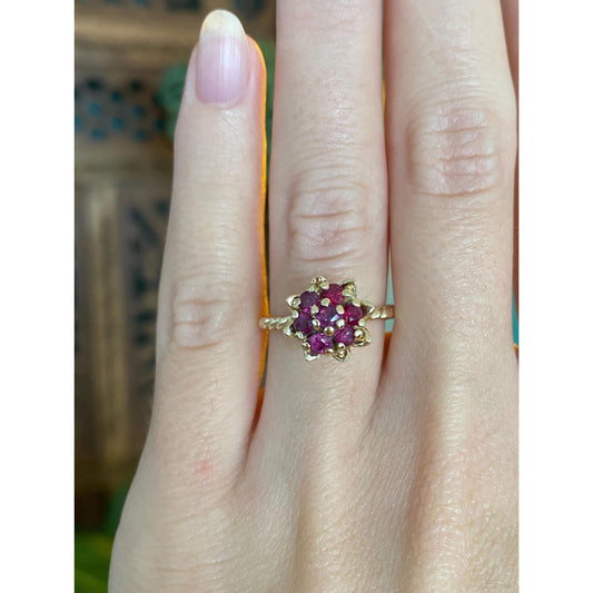 Vintage Solid 14k Yellow Gold Ruby Flower Ring - Size 5.25