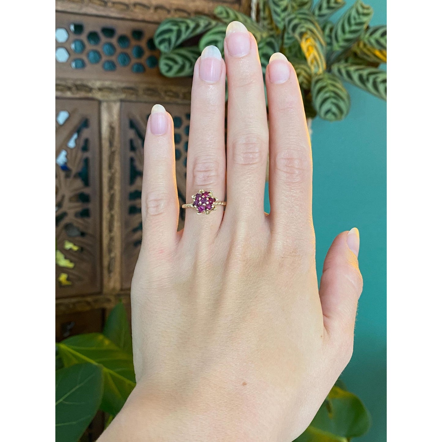 Vintage Solid 14k Yellow Gold Ruby Flower Ring - Size 5.25