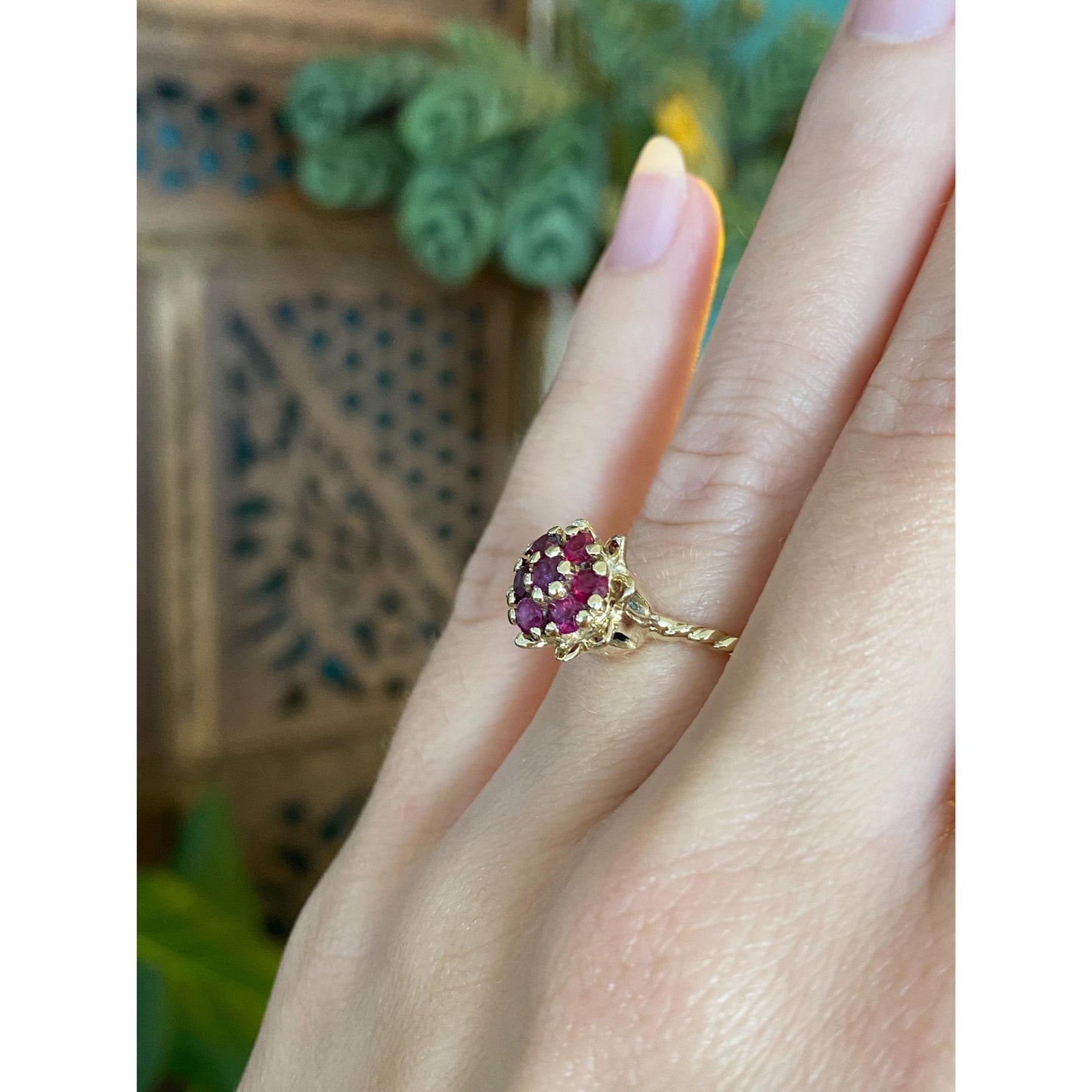 Vintage Solid 14k Yellow Gold Ruby Flower Ring - Size 5.25