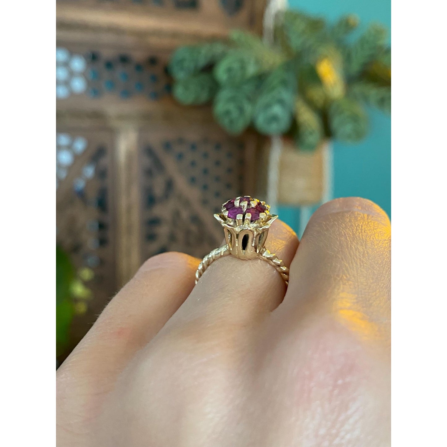Vintage Solid 14k Yellow Gold Ruby Flower Ring - Size 5.25