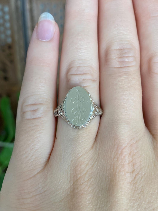Vintage Solid 14k White Gold Open Work Monogram Signet Ring - Size 7