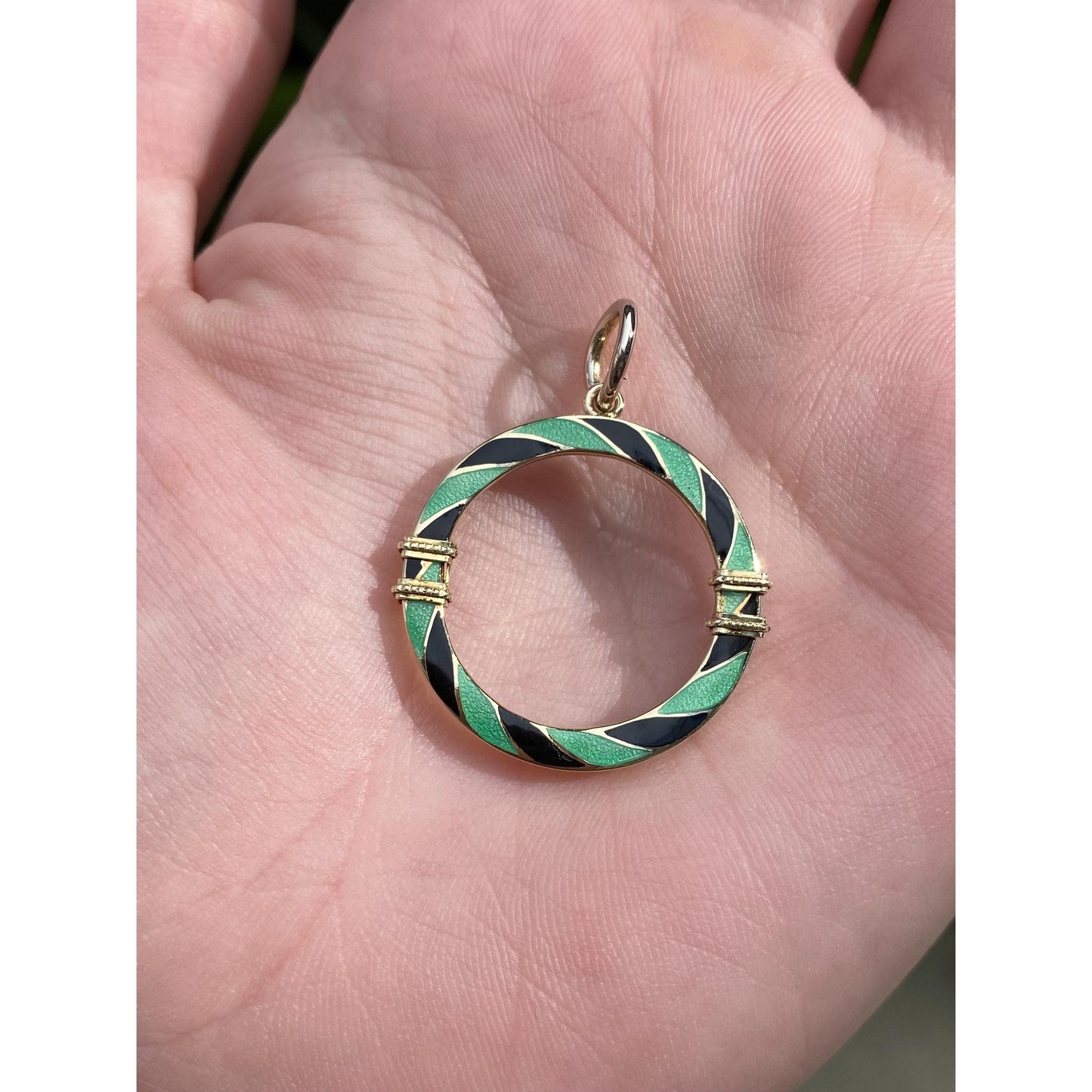 Vintage Solid 14k Yellow Gold Green & Black Enamel Striped Circle Charm