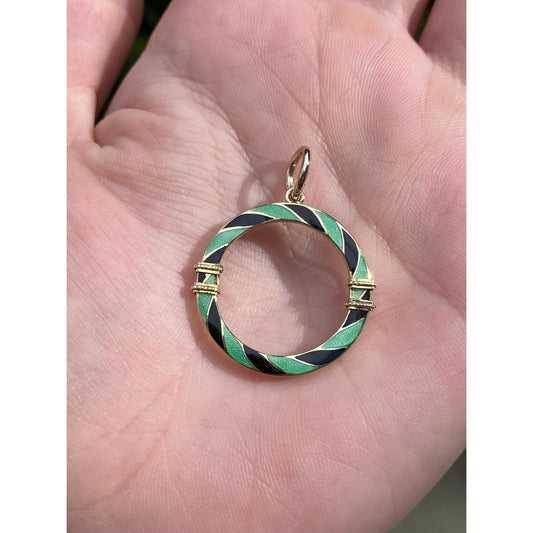 Vintage Solid 14k Yellow Gold Green & Black Enamel Striped Circle Charm