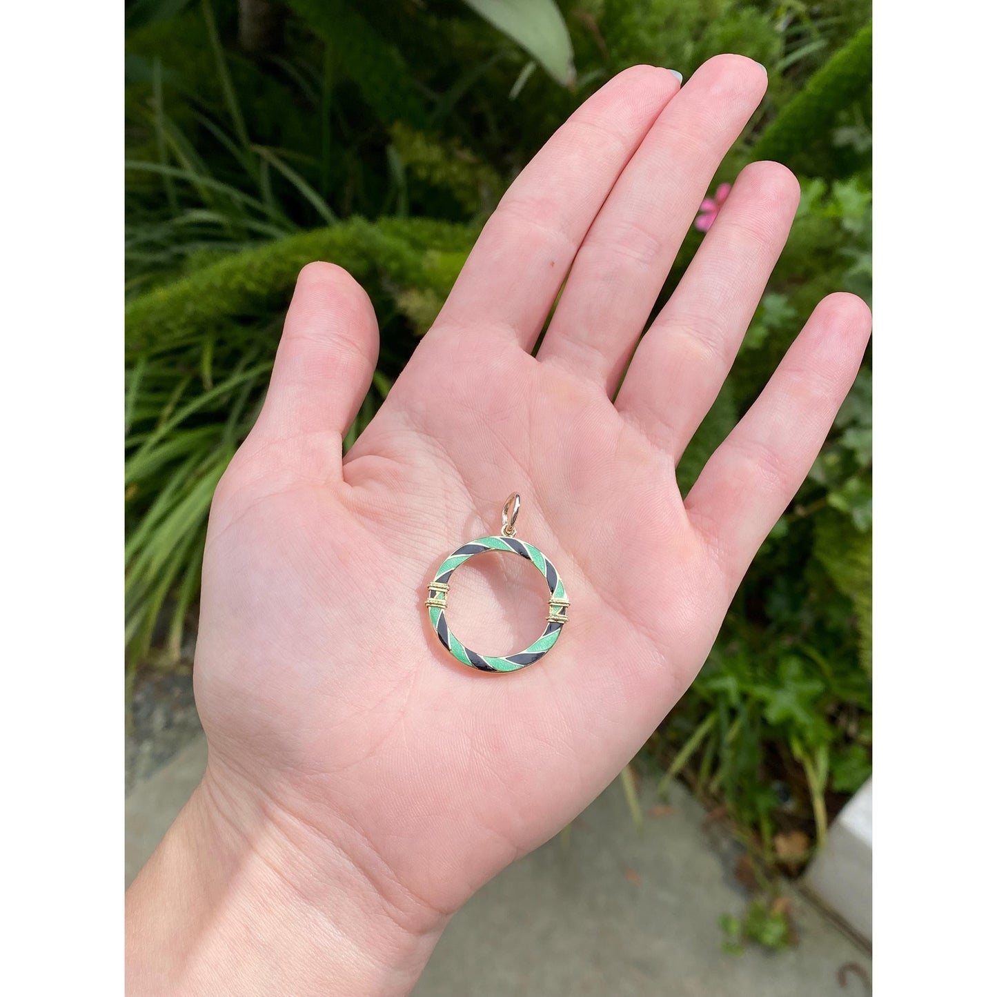 Vintage Solid 14k Yellow Gold Green & Black Enamel Striped Circle Charm