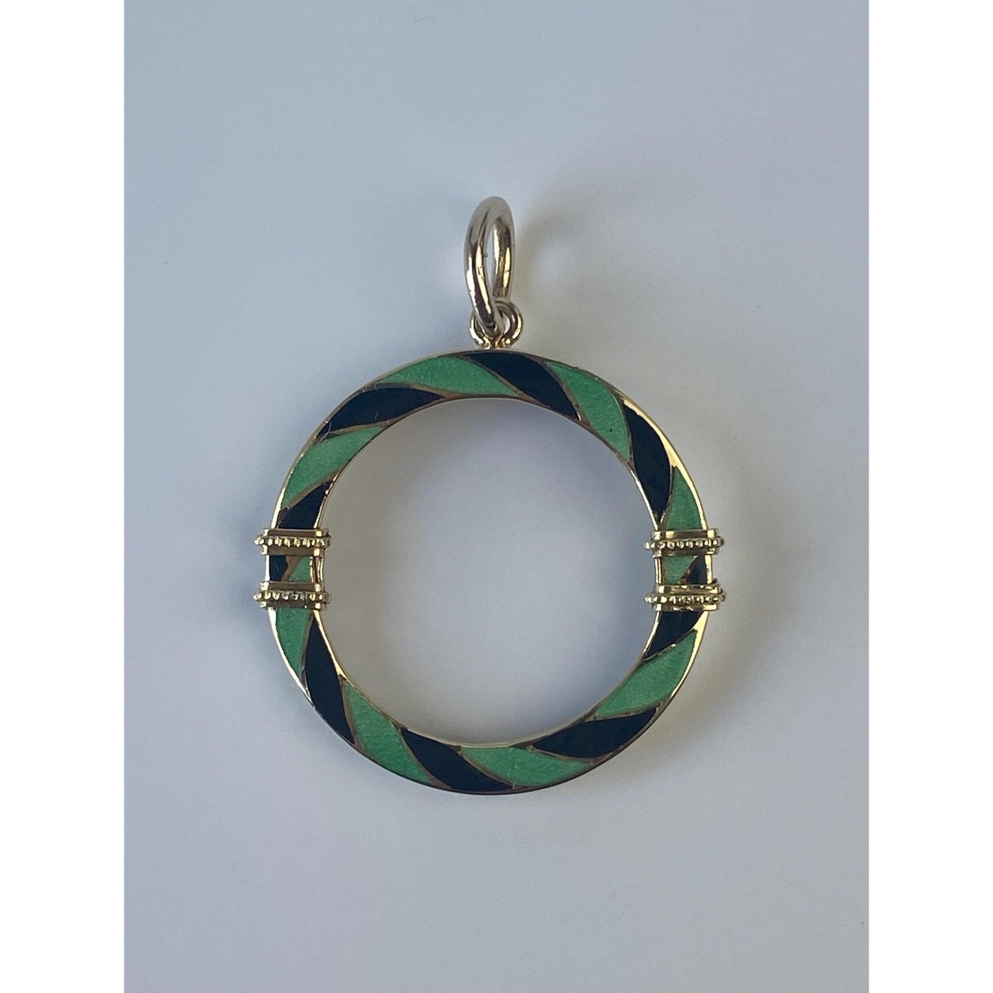 Vintage Solid 14k Yellow Gold Green & Black Enamel Striped Circle Charm