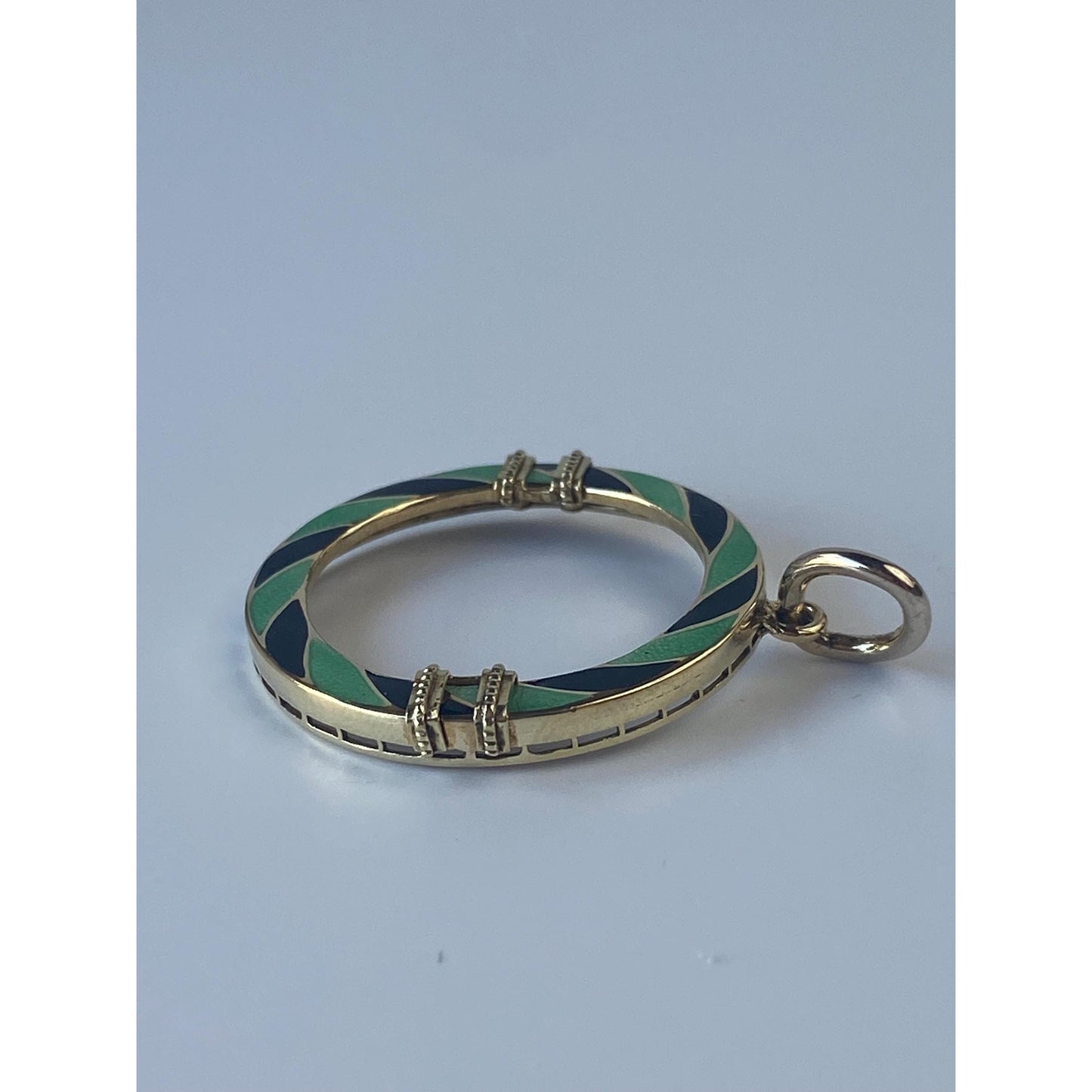 Vintage Solid 14k Yellow Gold Green & Black Enamel Striped Circle Charm