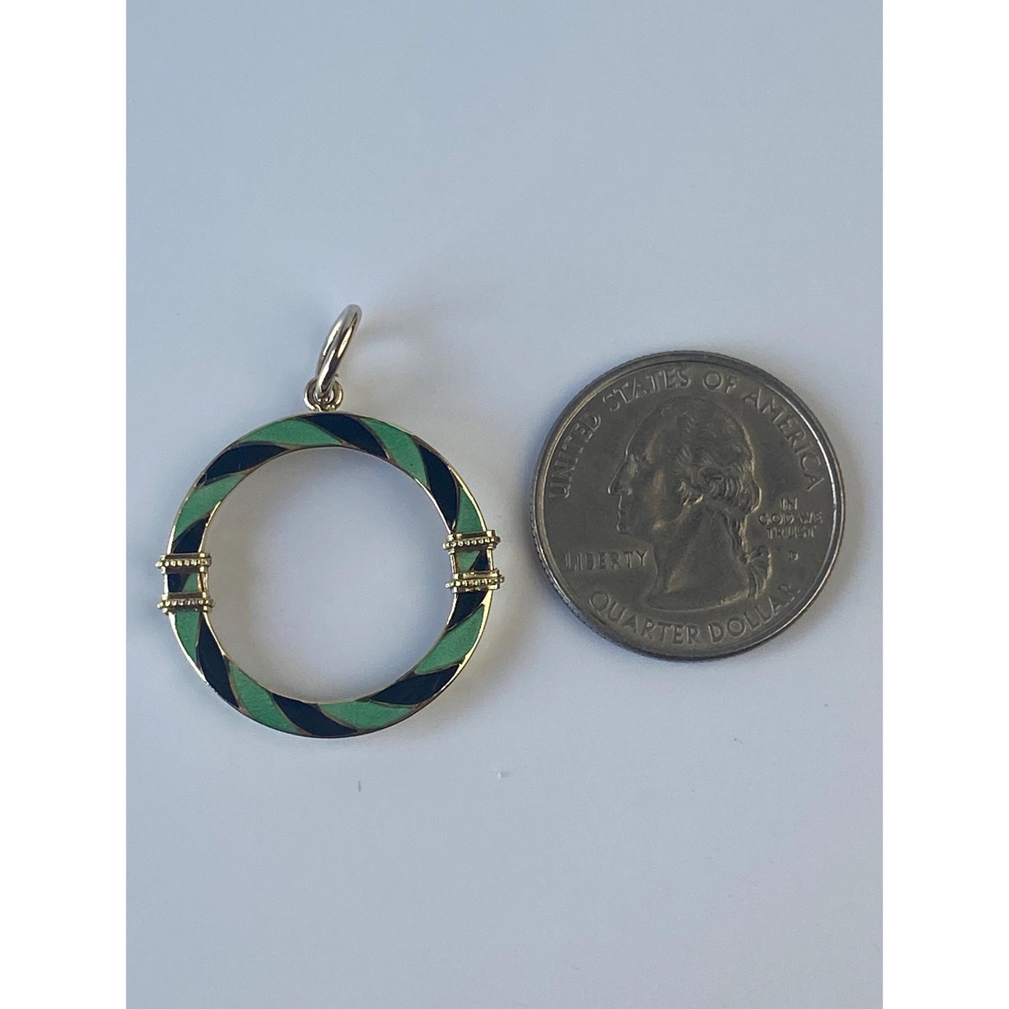 Vintage Solid 14k Yellow Gold Green & Black Enamel Striped Circle Charm
