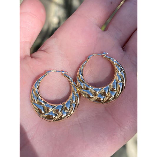 Vintage 9k Yellow Gold Puffy Quilted Braid Texture Hoop Earrings
