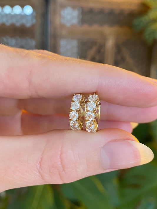 Vintage Solid 14k Yellow Gold Cubic Zirconia Hoop Earrings