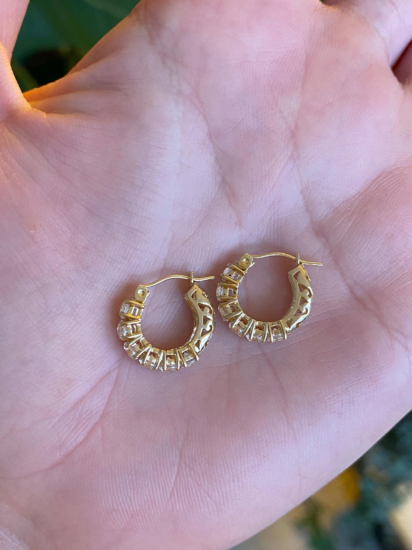 Vintage Solid 14k Yellow Gold Cubic Zirconia Hoop Earrings