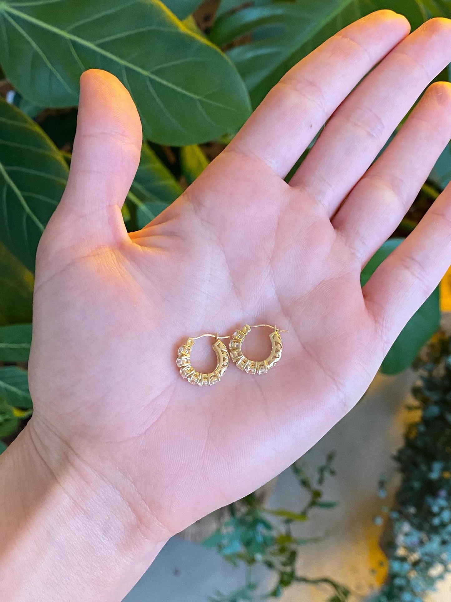 Vintage Solid 14k Yellow Gold Cubic Zirconia Hoop Earrings