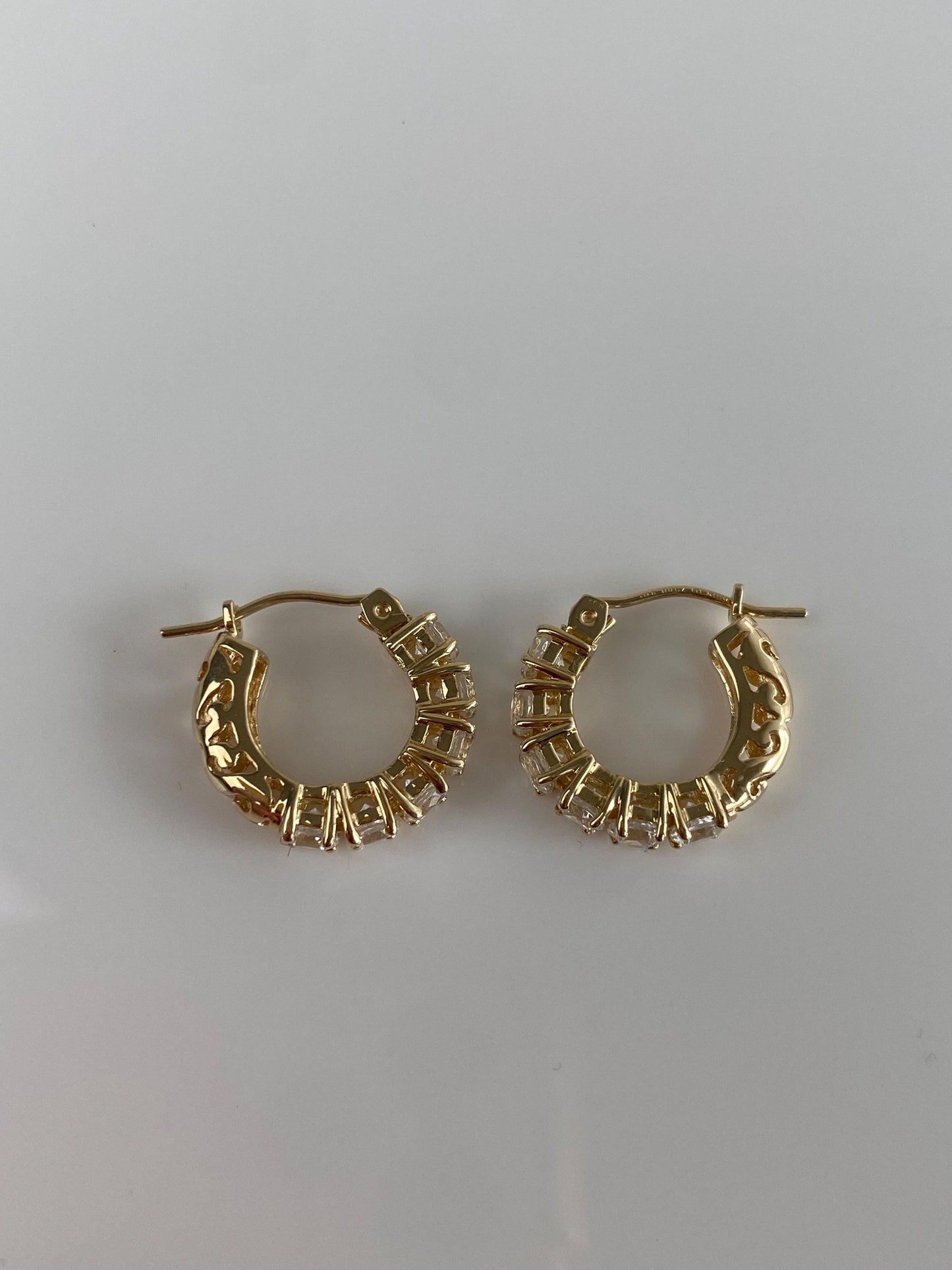Vintage Solid 14k Yellow Gold Cubic Zirconia Hoop Earrings