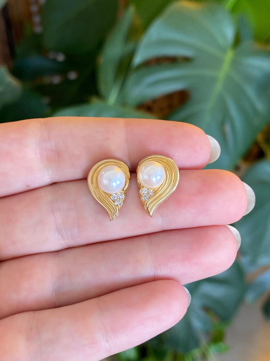 Vintage 14k Yellow Gold Diamond Pearl Drop Earrings
