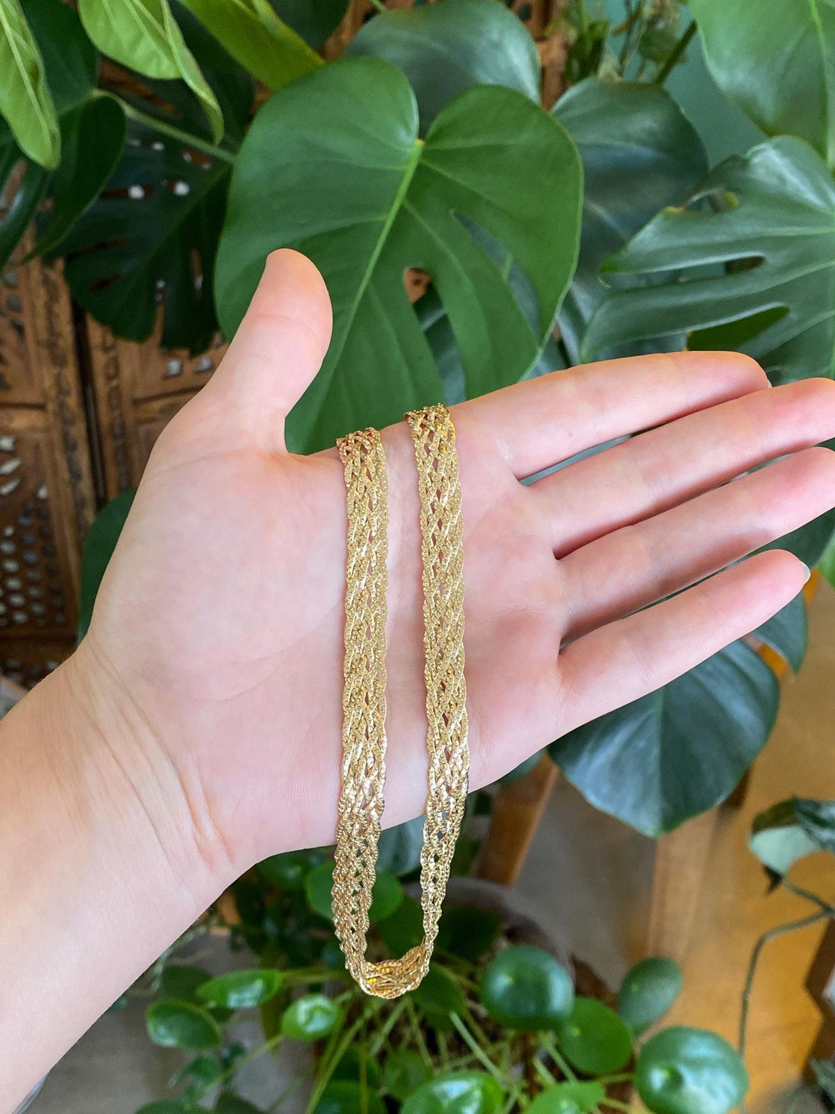 Vintage Solid 14k Yellow Gold Woven Flat Chain Necklace - 19-16.5 inches