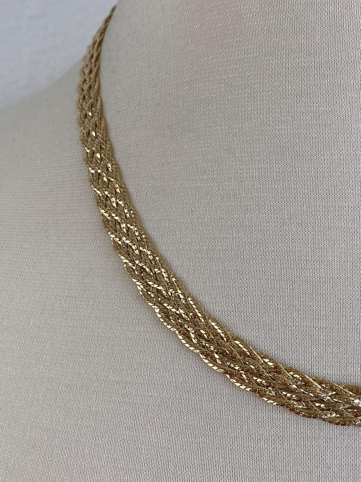 Vintage Solid 14k Yellow Gold Woven Flat Chain Necklace - 19-16.5 inches