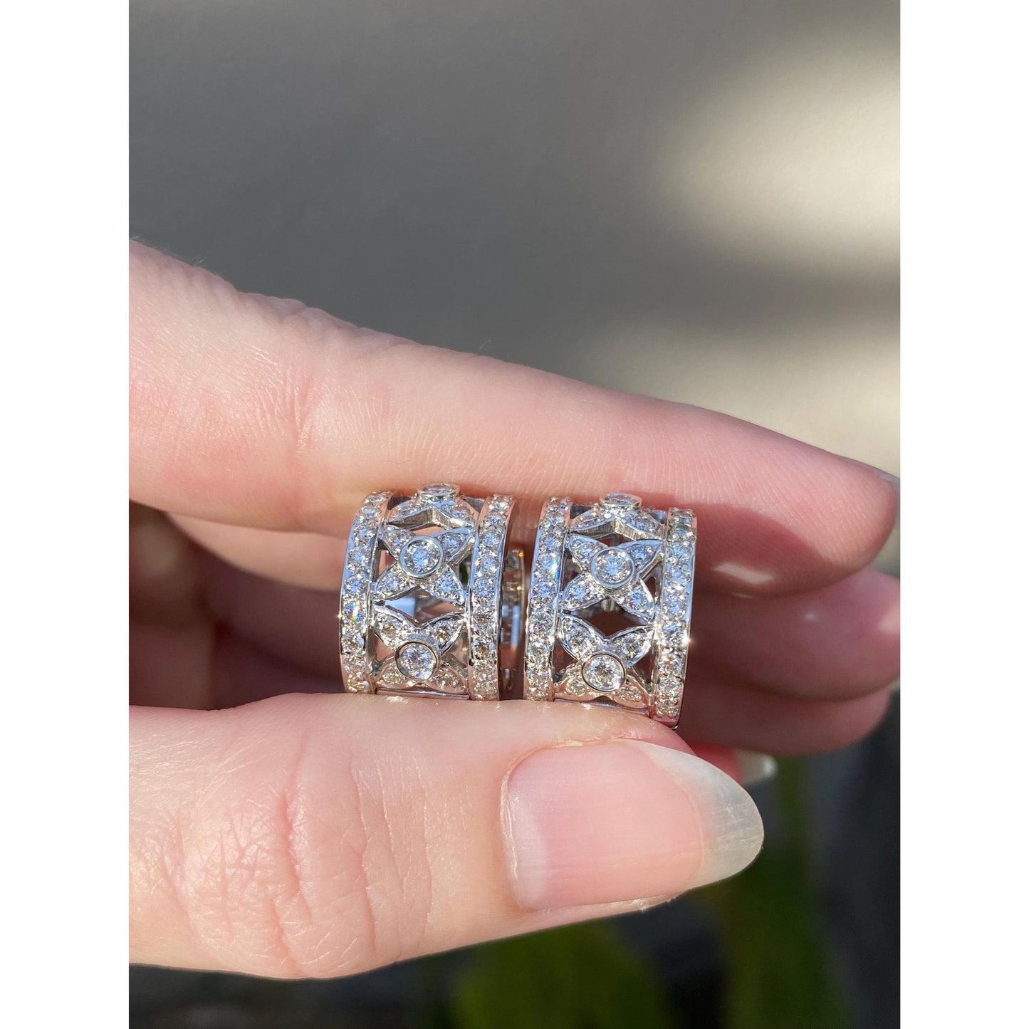 Vintage Solid 14k White Gold Diamond Floral Hoop Earrings