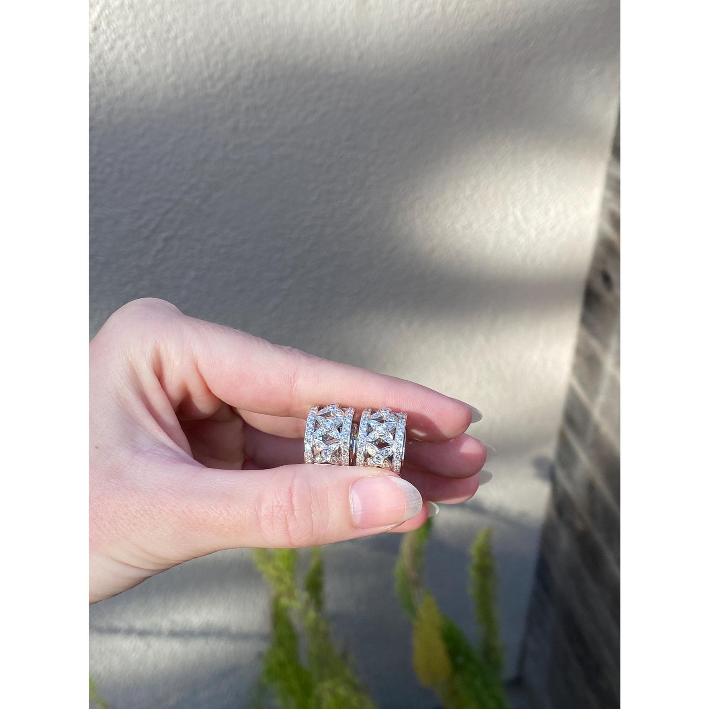 Vintage Solid 14k White Gold Diamond Floral Hoop Earrings