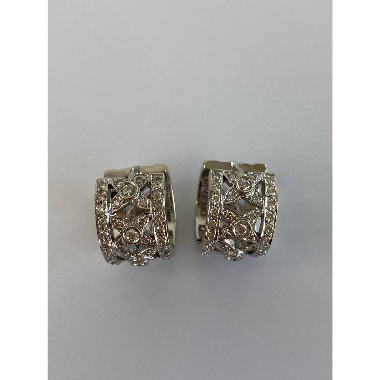 Vintage Solid 14k White Gold Diamond Floral Hoop Earrings