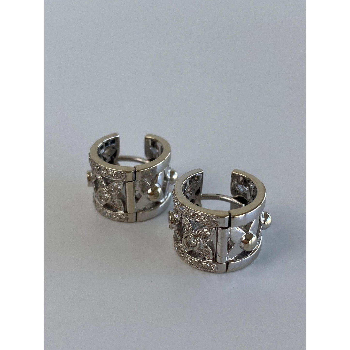 Vintage Solid 14k White Gold Diamond Floral Hoop Earrings