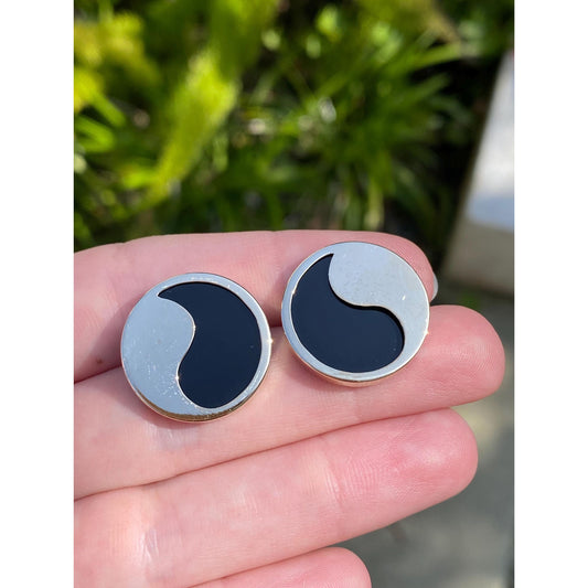 Vintage Solid 14k Yellow Gold Onyx Yin Yang Stud Earrings