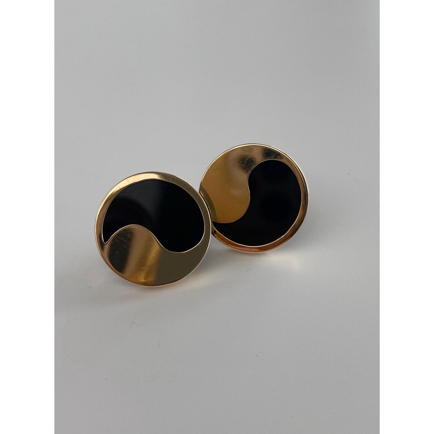 Vintage Solid 14k Yellow Gold Onyx Yin Yang Stud Earrings