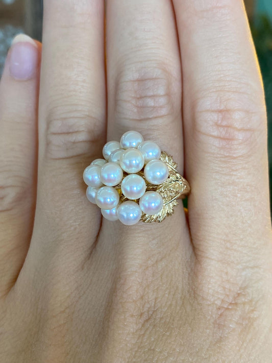 Vintage Solid 14k Yellow Gold Pearls Cluster Leaf Ring - Size 6.5