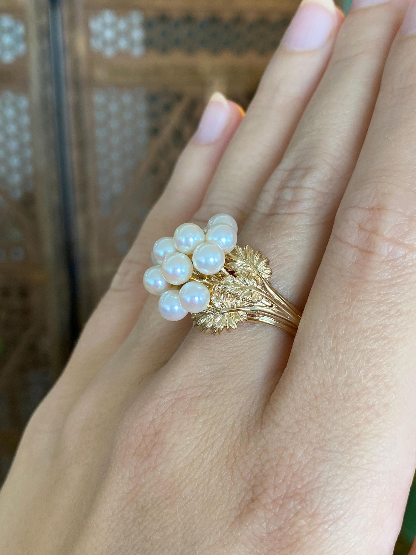 Vintage Solid 14k Yellow Gold Pearls Cluster Leaf Ring - Size 6.5
