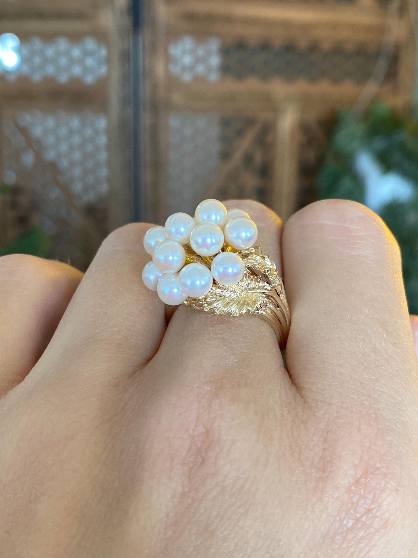 Vintage Solid 14k Yellow Gold Pearls Cluster Leaf Ring - Size 6.5