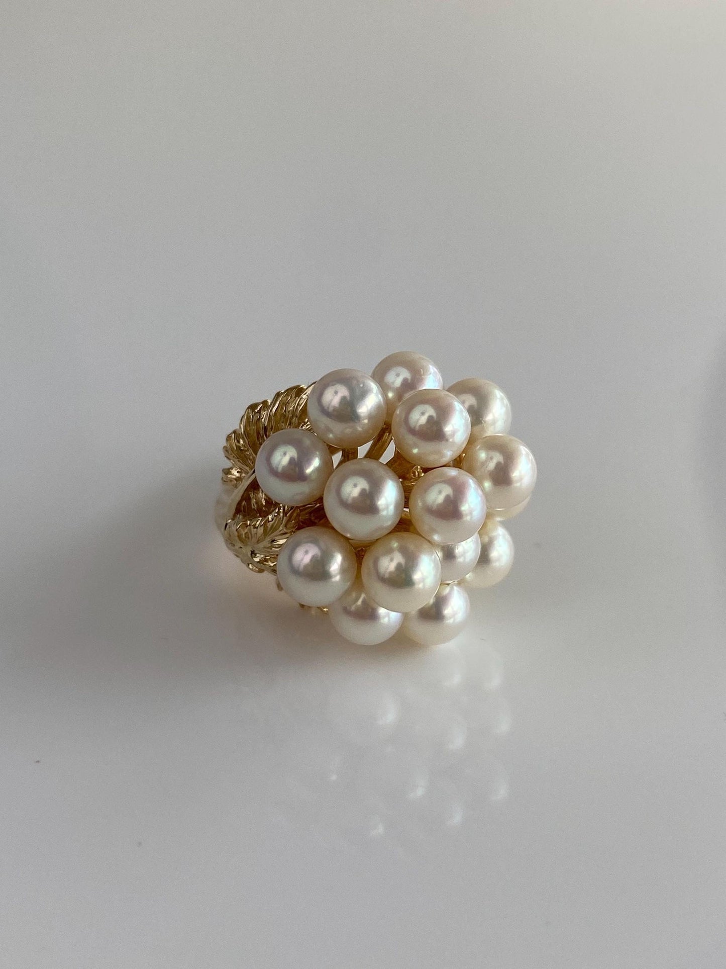 Vintage Solid 14k Yellow Gold Pearls Cluster Leaf Ring - Size 6.5