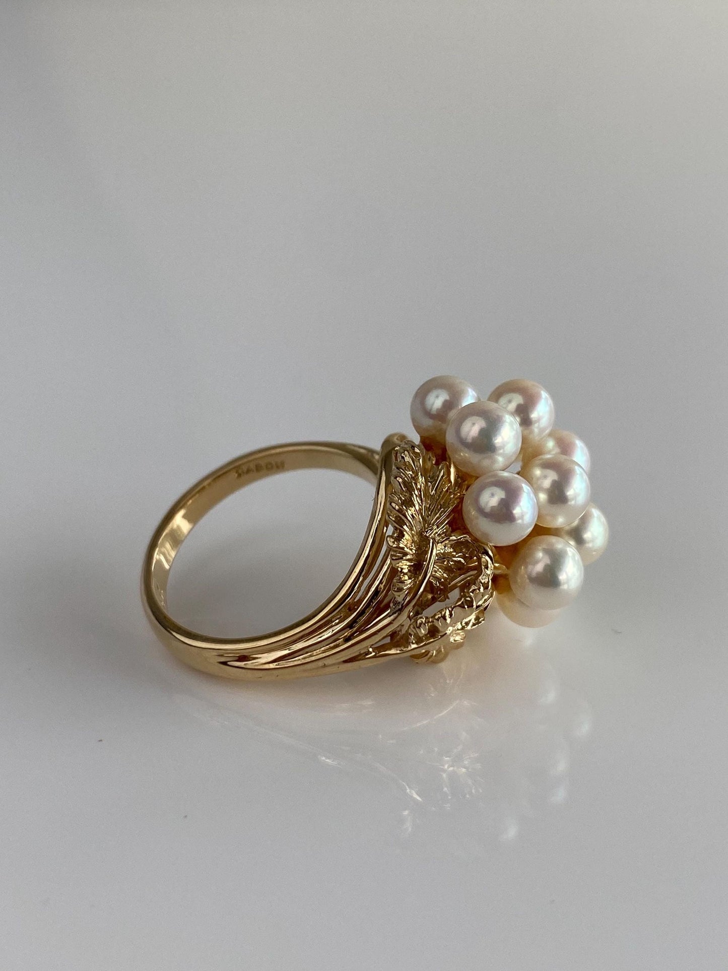 Vintage Solid 14k Yellow Gold Pearls Cluster Leaf Ring - Size 6.5