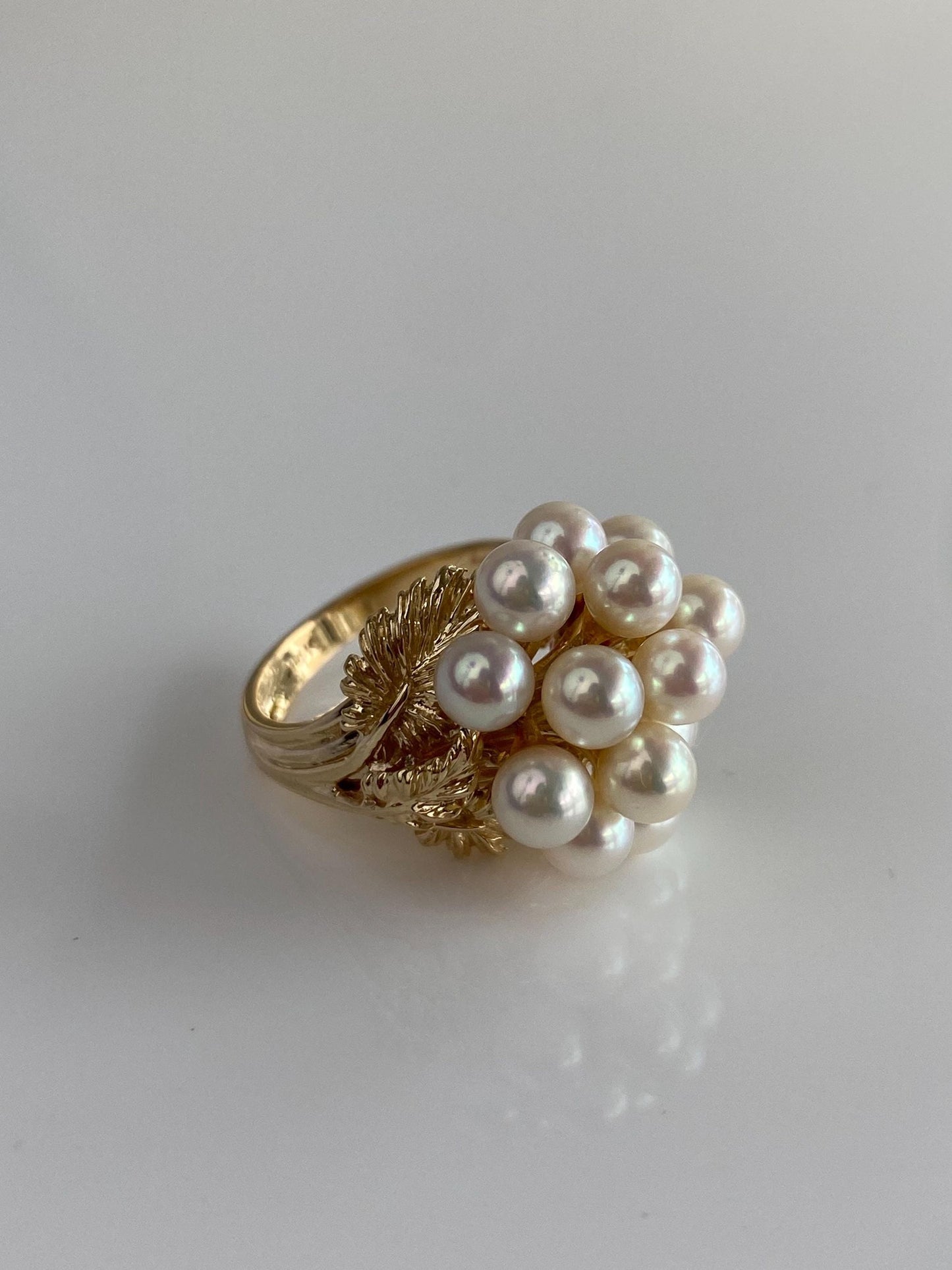 Vintage Solid 14k Yellow Gold Pearls Cluster Leaf Ring - Size 6.5
