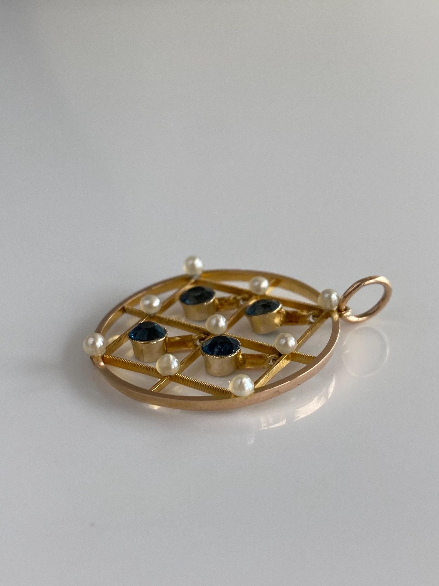 Vintage Solid 10k Yellow Gold Aquamarine Pearl Open Work Dangle Charm