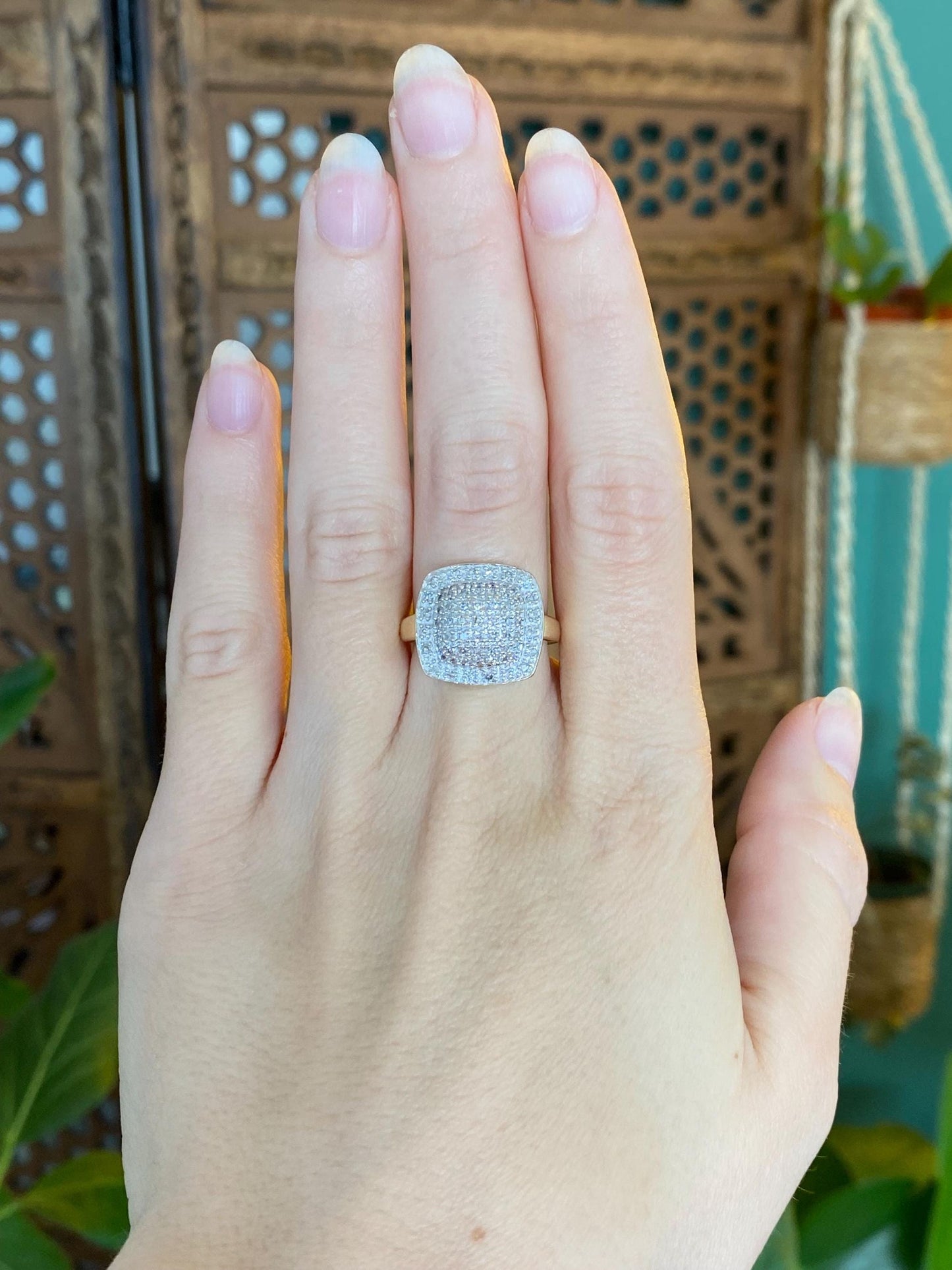 Vintage Solid 14k White & Yellow Gold Diamonds Square Ring - Size 7
