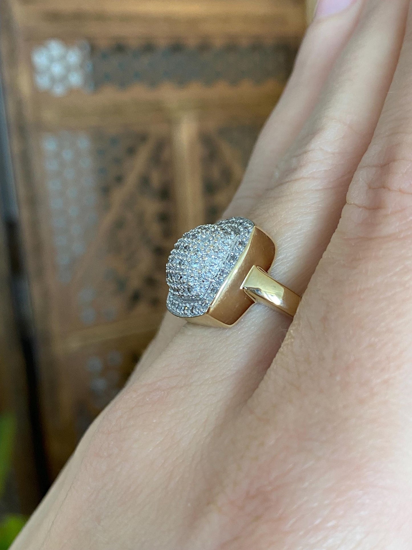 Vintage Solid 14k White & Yellow Gold Diamonds Square Ring - Size 7
