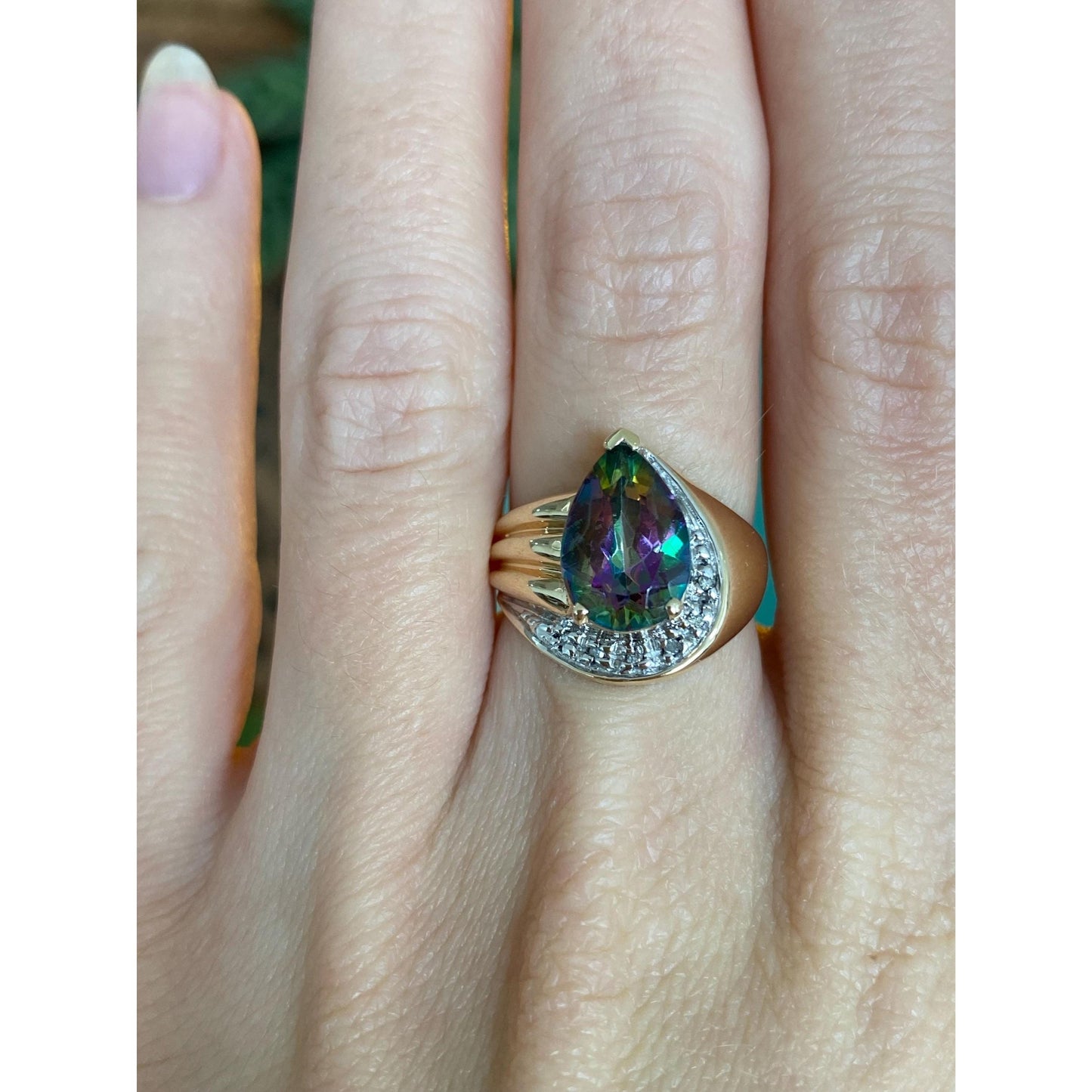 Solid 10k Yellow Gold Diamond Mystic Topaz Ring - Size 5.75