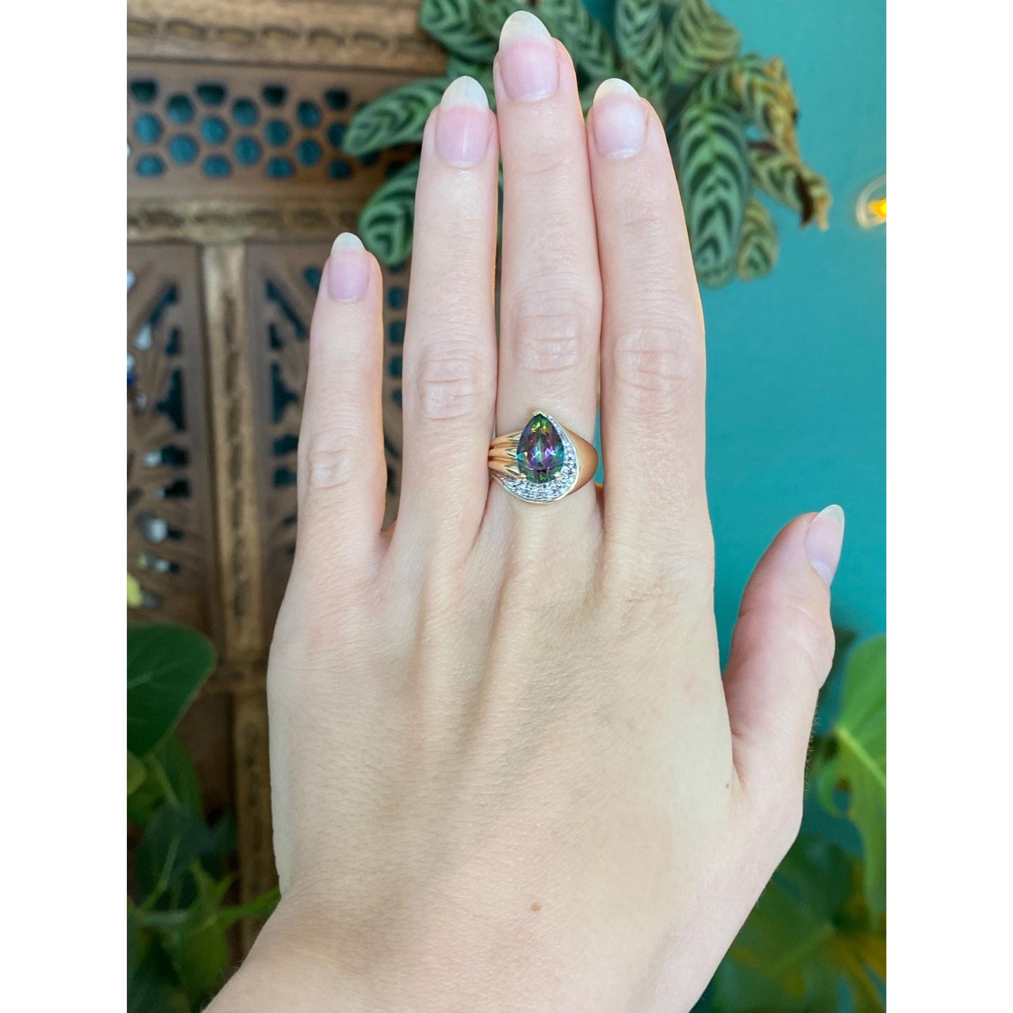 Solid 10k Yellow Gold Diamond Mystic Topaz Ring - Size 5.75