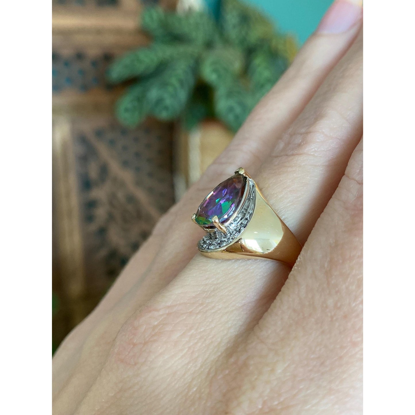 Solid 10k Yellow Gold Diamond Mystic Topaz Ring - Size 5.75