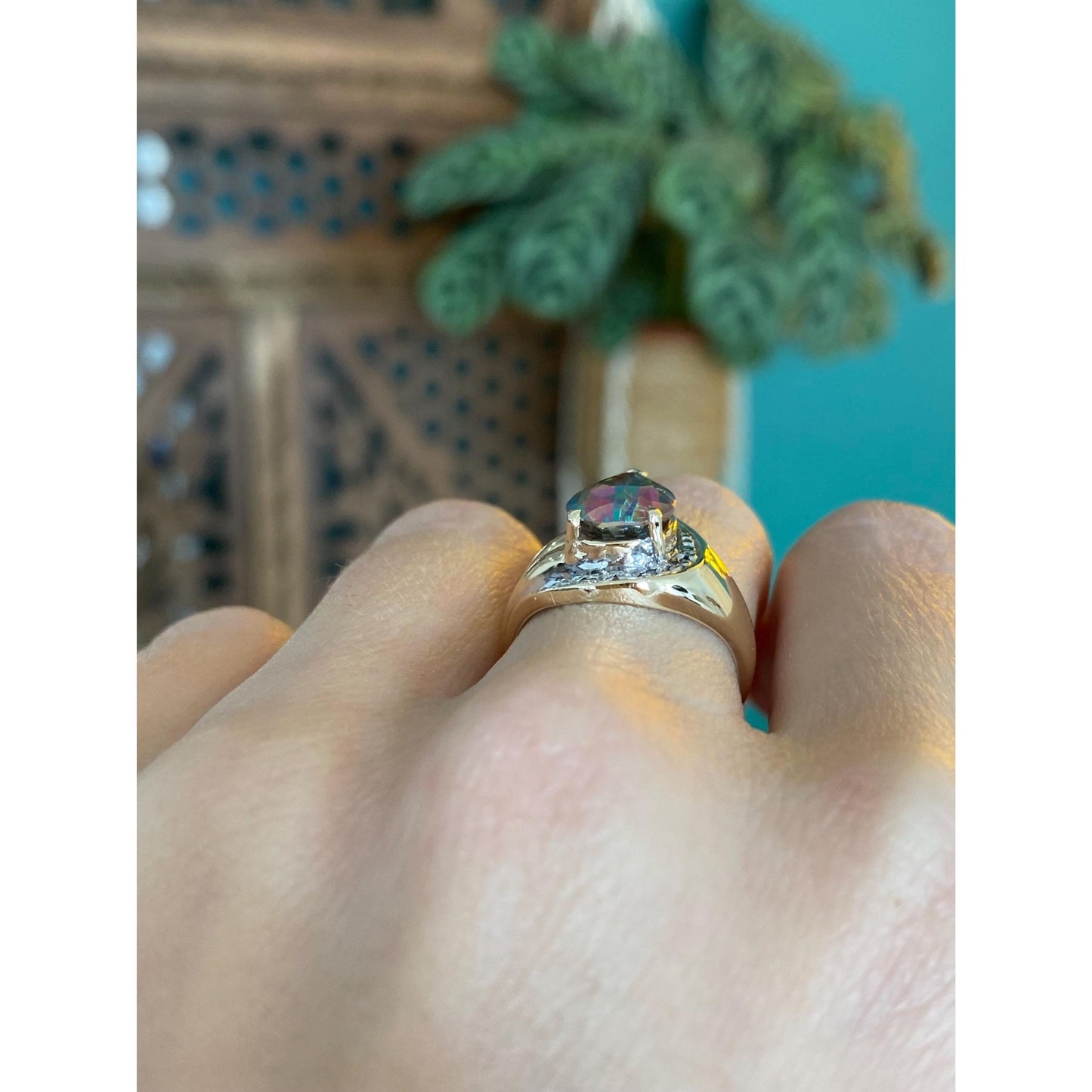 Solid 10k Yellow Gold Diamond Mystic Topaz Ring - Size 5.75