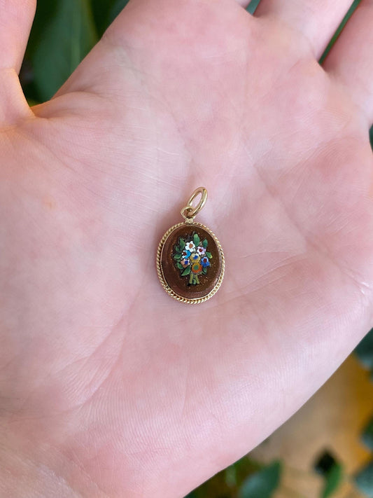 Vintage Solid 10k Yellow Gold Sunstone Mosaic Floral Cufflink Charm