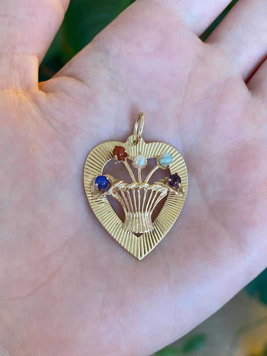 Vintage Solid 14k Yellow Gold Engine Turned Pearl Amethyst Carnelian Blue Chalcedony Agate Basket Heart Charm