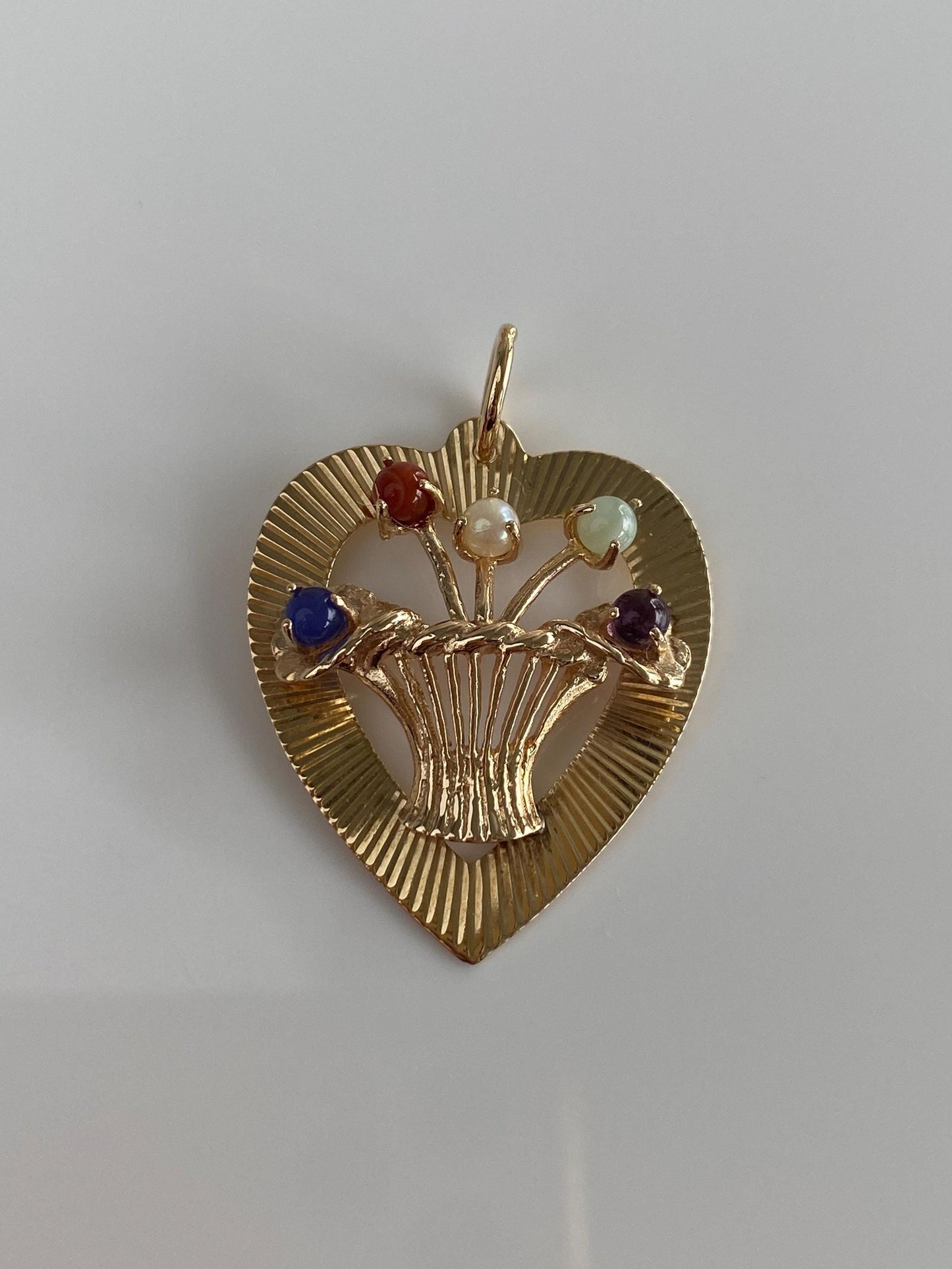 Vintage Solid 14k Yellow Gold Engine Turned Pearl Amethyst Carnelian Blue Chalcedony Agate Basket Heart Charm