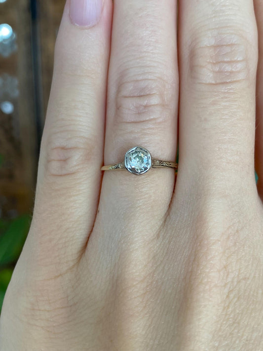 Vintage Solid 14k Yellow Gold & Platinum Diamond Art Deco Ring - Size 5.25