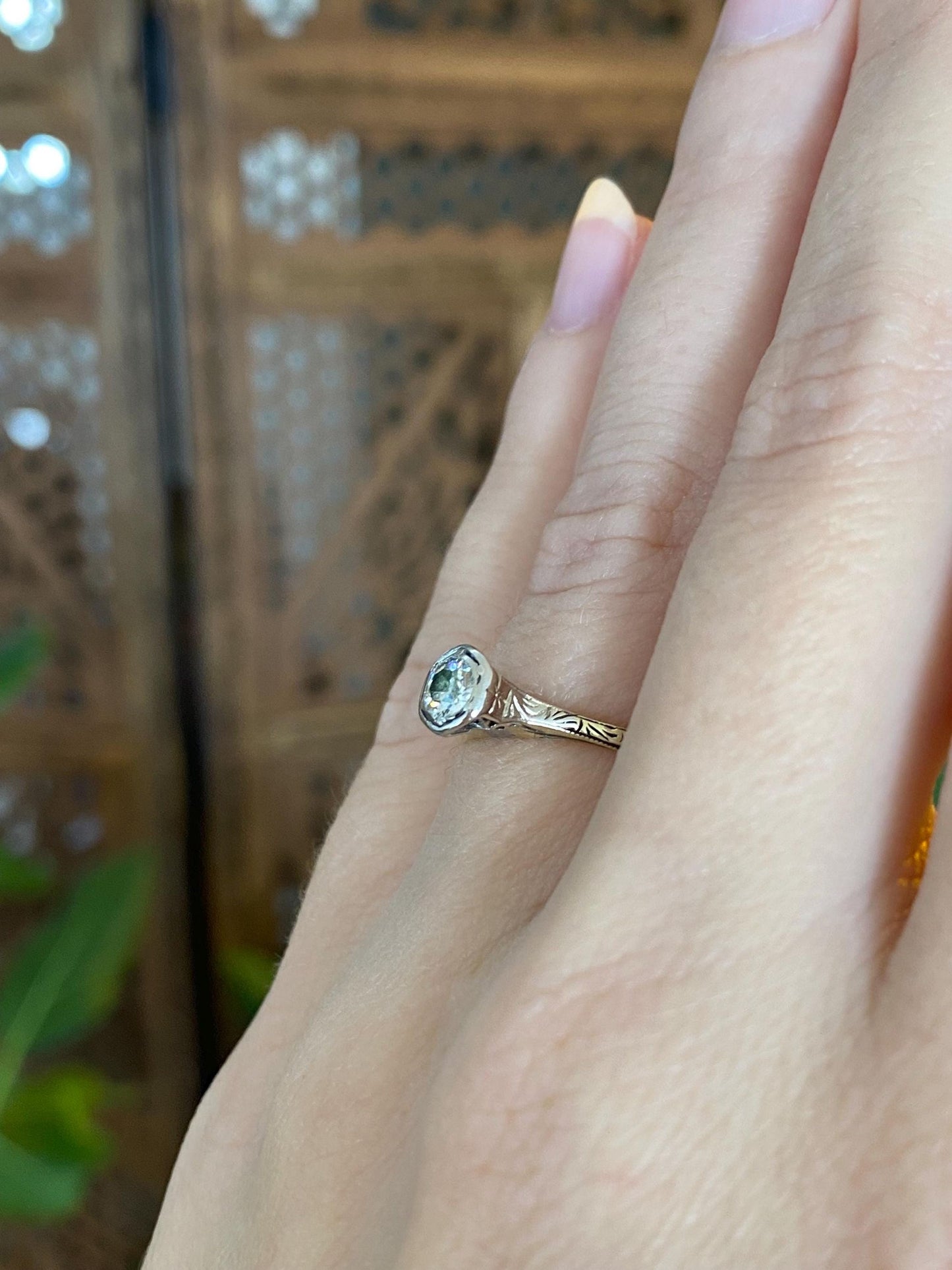 Vintage Solid 14k Yellow Gold & Platinum Diamond Art Deco Ring - Size 5.25