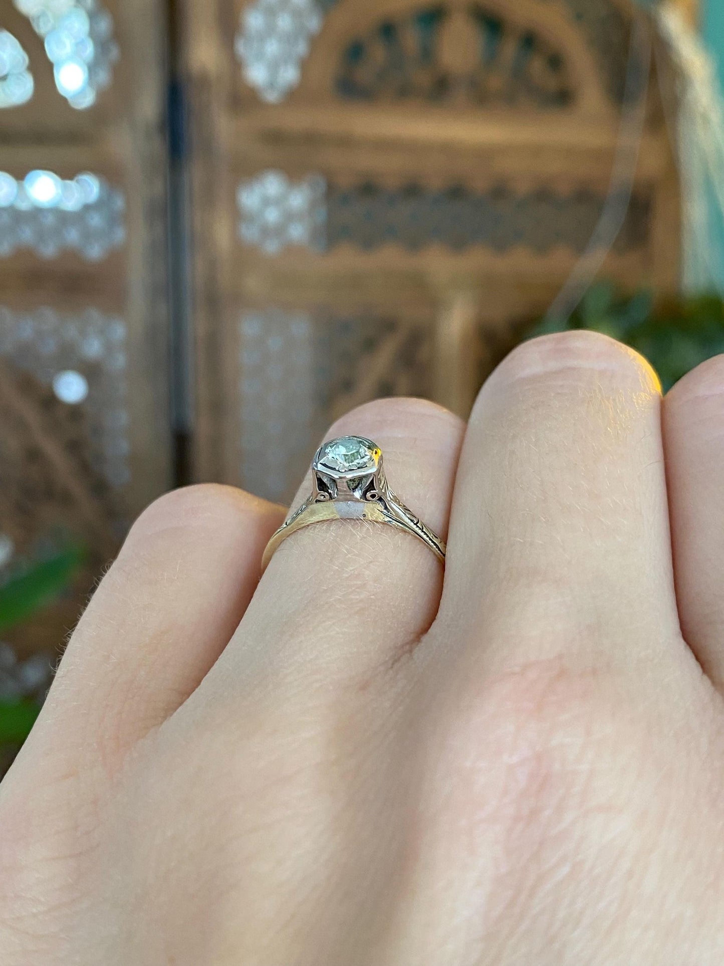 Vintage Solid 14k Yellow Gold & Platinum Diamond Art Deco Ring - Size 5.25