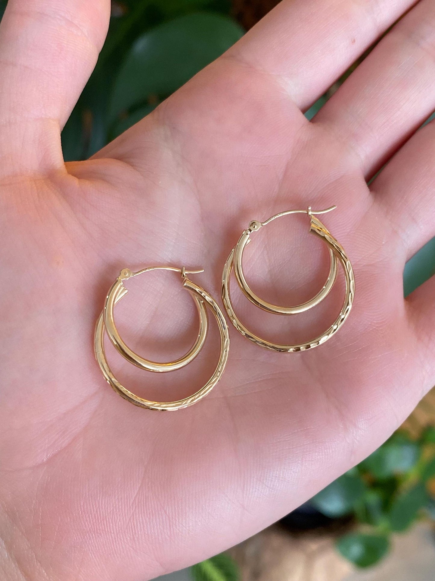 Vintage 14k Yellow Gold Textured Layered Hoop Earrings