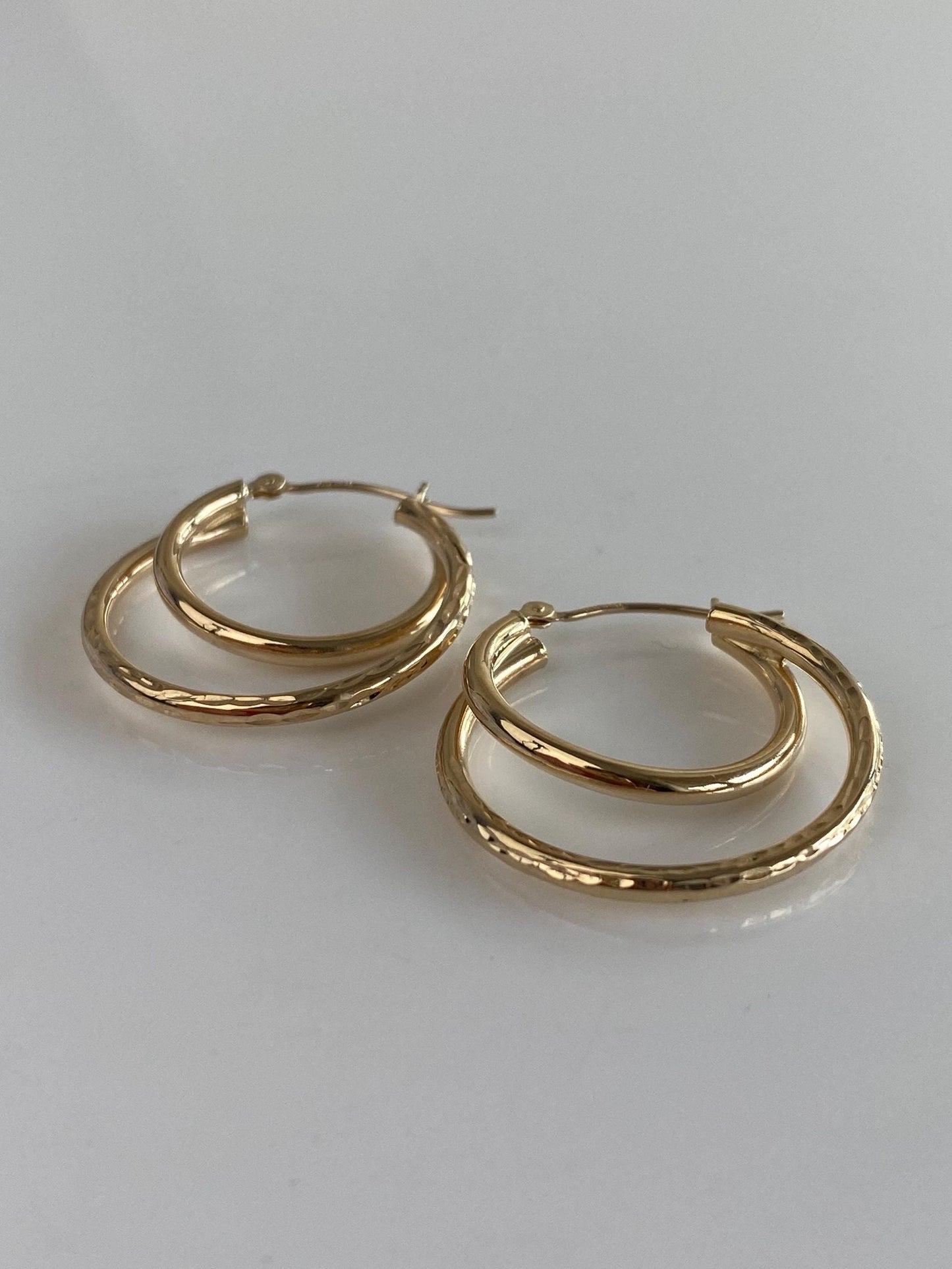 Vintage 14k Yellow Gold Textured Layered Hoop Earrings