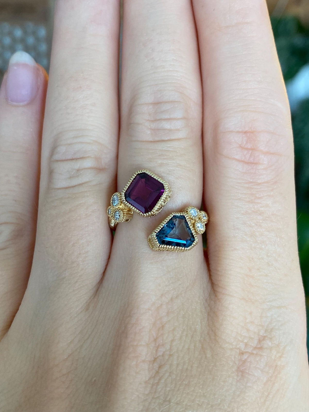 Vintage Solid 14k Yellow Gold Diamond Topaz Pink Tourmaline Bypass Textured Ring - Size 6.75