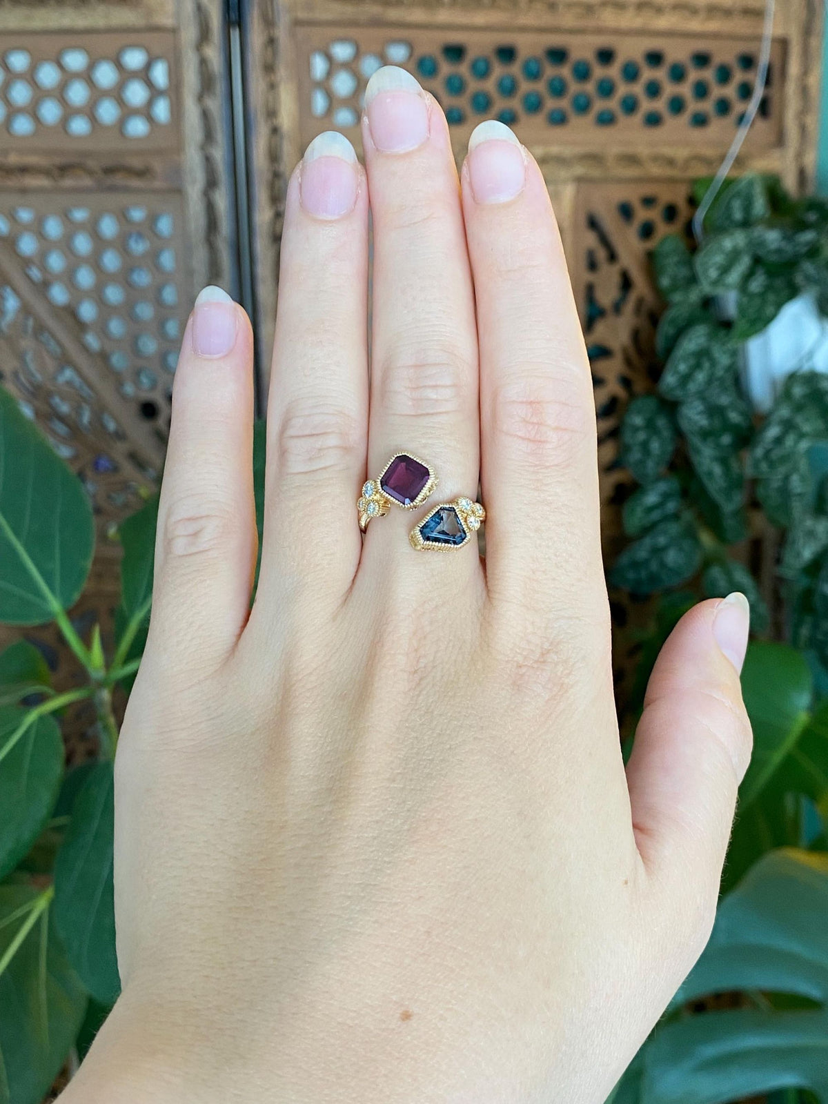 Vintage Solid 14k Yellow Gold Diamond Topaz Pink Tourmaline Bypass Textured Ring - Size 6.75