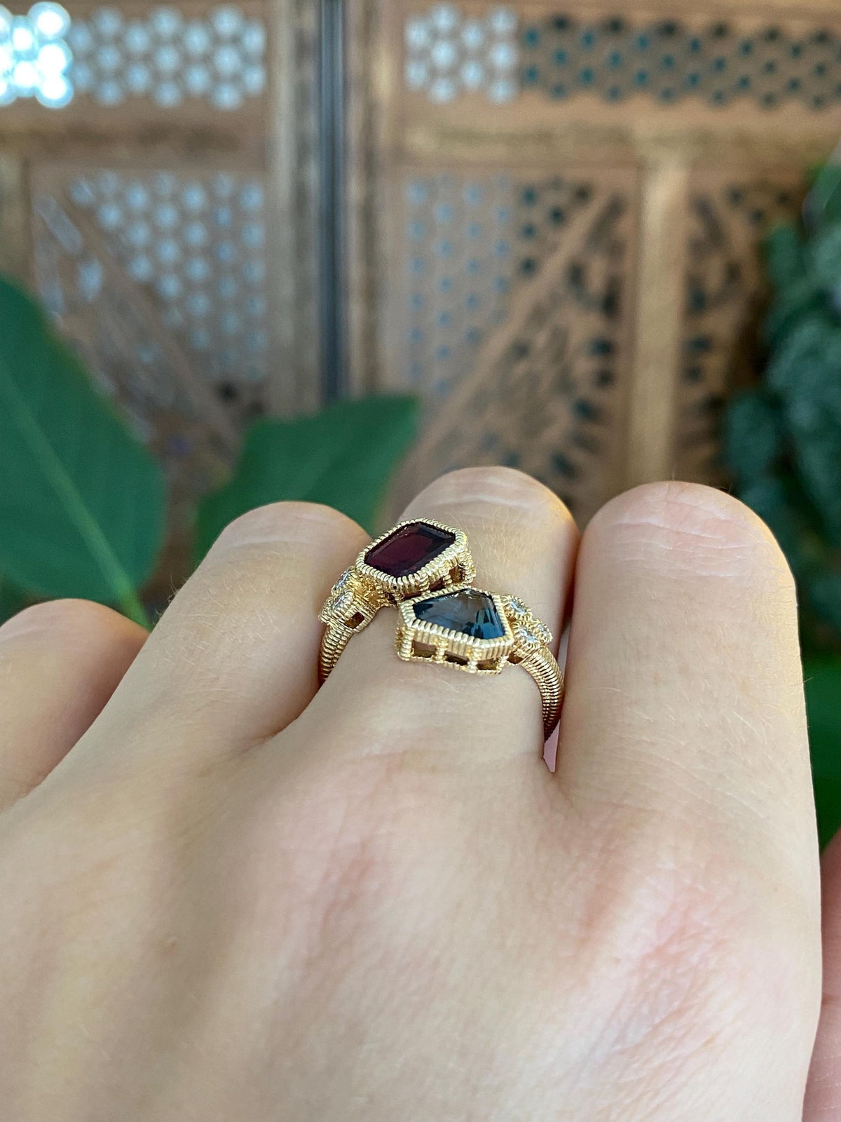 Vintage Solid 14k Yellow Gold Diamond Topaz Pink Tourmaline Bypass Textured Ring - Size 6.75